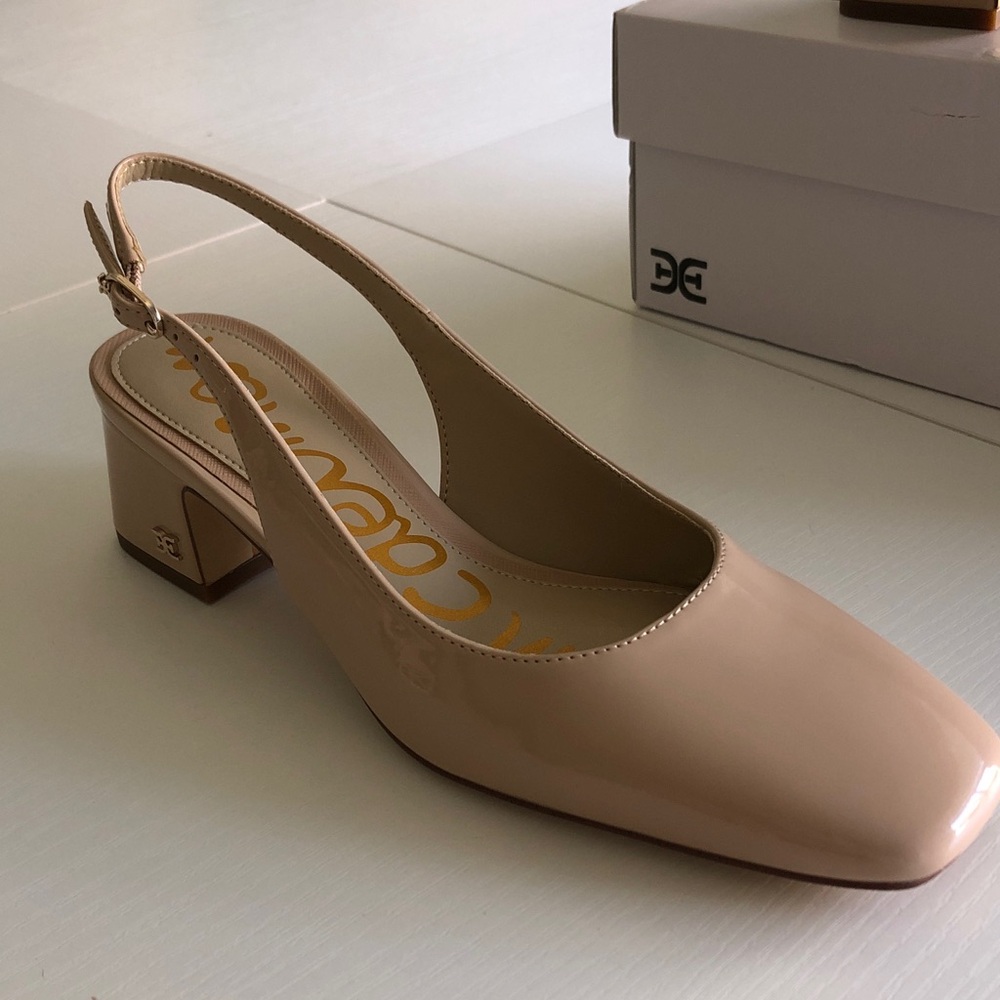 NWT Sam Edelman Blush Pink Tan Patent Leather Slingback Block Heel NEW in box